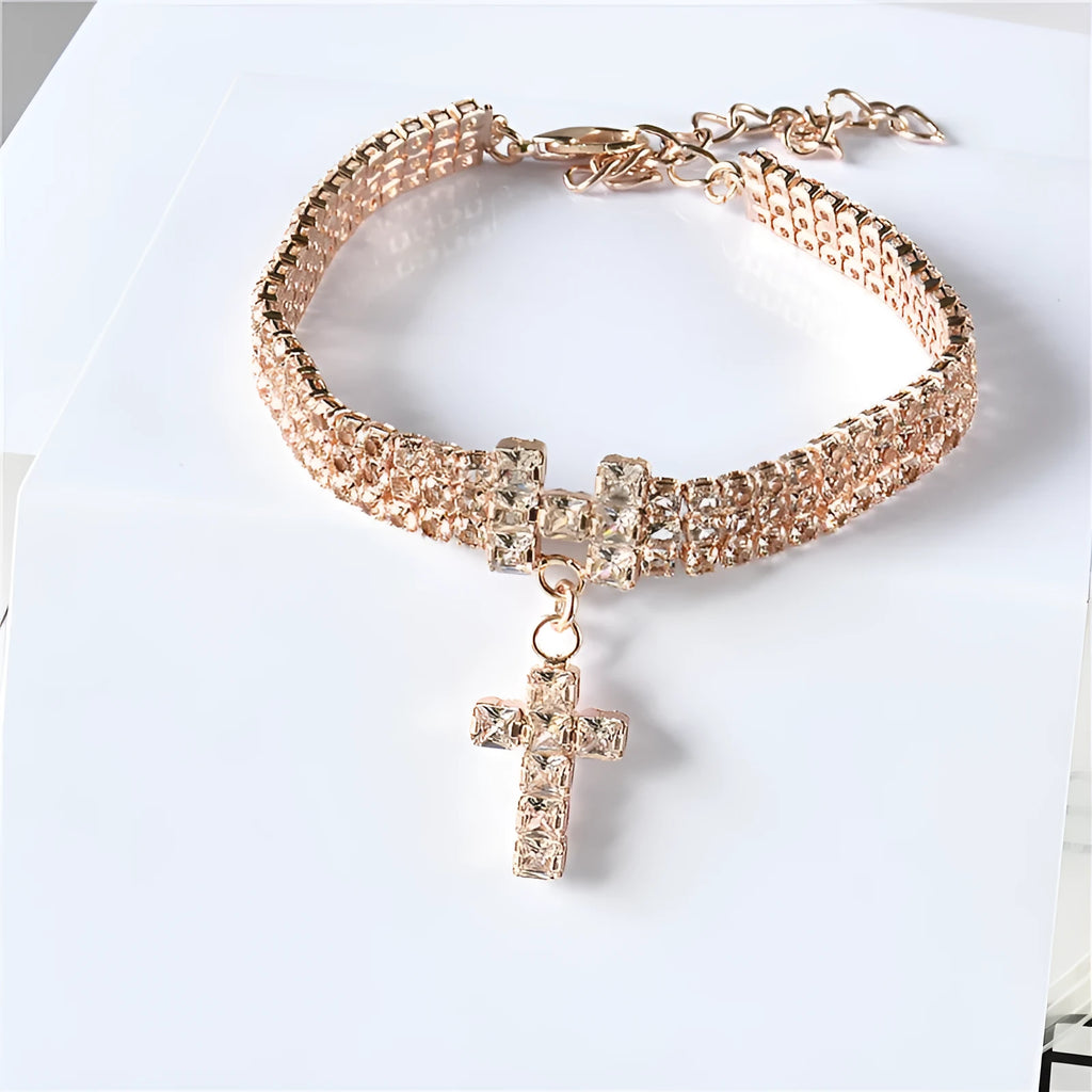 Letter cross pet necklace with zircon and rhinestone inlay, gold or rose gold, adjustable S M L sizes