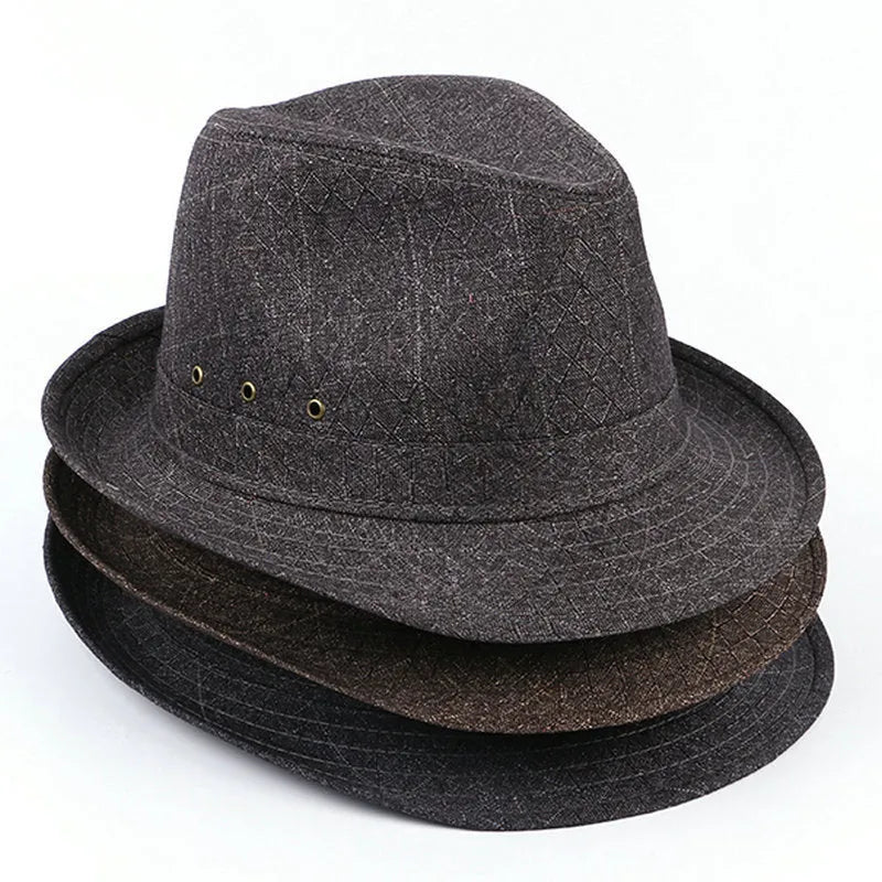 Men's classic fedora hat in suit material and linen, shown in various colours with size tags for 57cm, 58cm, 59cm, and 60cm.