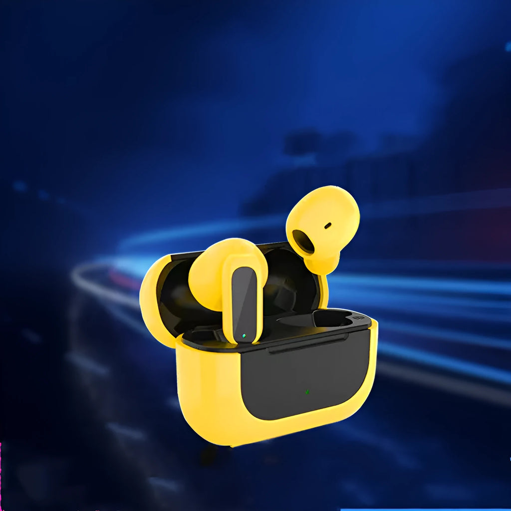 Jerry the mouse cartoon character on black, white, and yellow wireless Bluetooth headphones with earplugs.