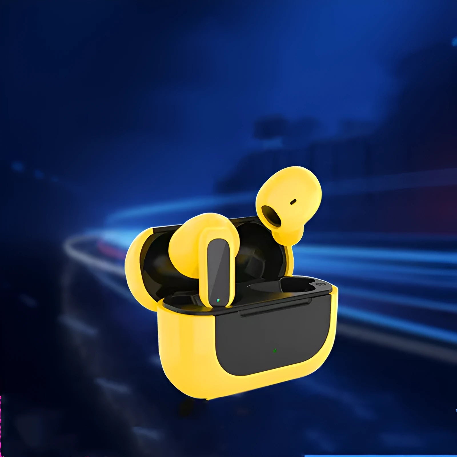 Jerry the mouse cartoon character on black, white, and yellow wireless Bluetooth headphones with earplugs.