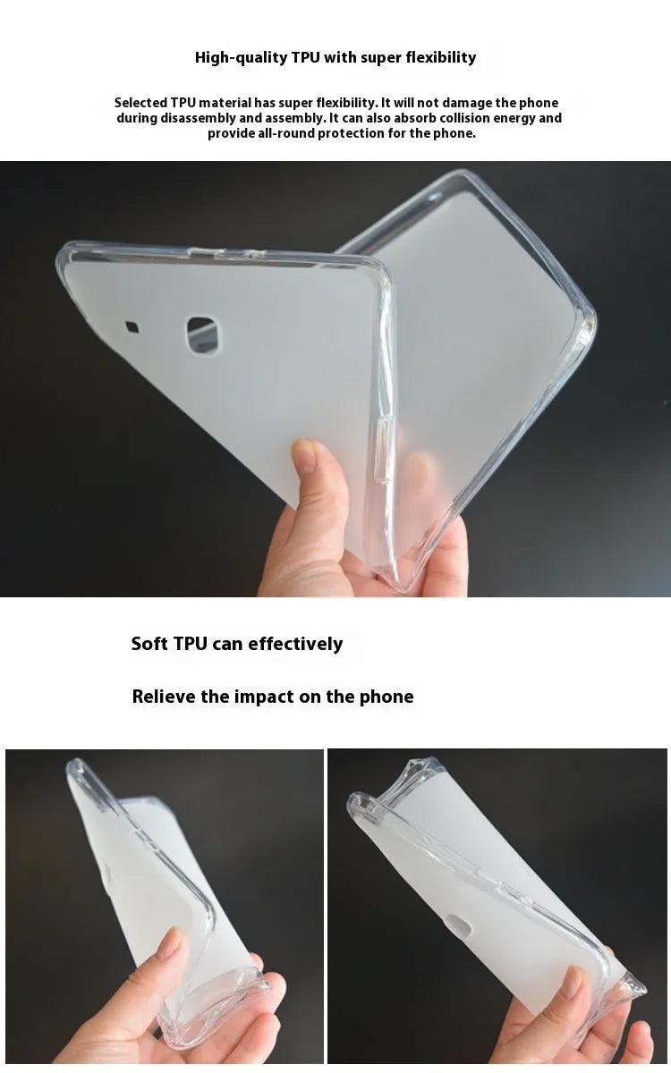 Clear silicone tablet case showing ultra-thin profile and transparent design