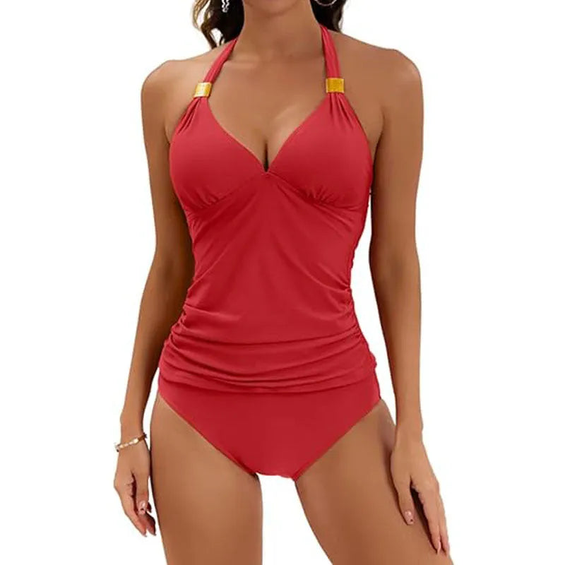 Women's solid colour halter neck two-piece swimsuit with split-tie briefs