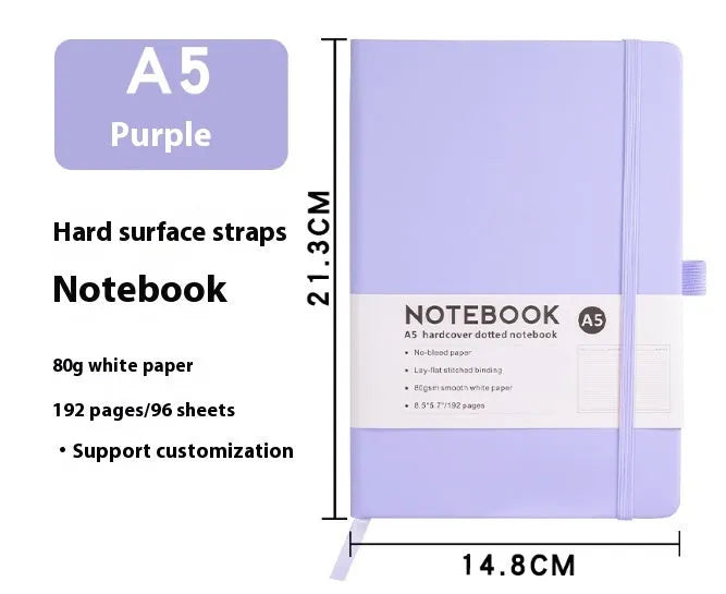 A5 diary with soft PU leather cover in a skin feeling texture, open to show horizontal line pages.