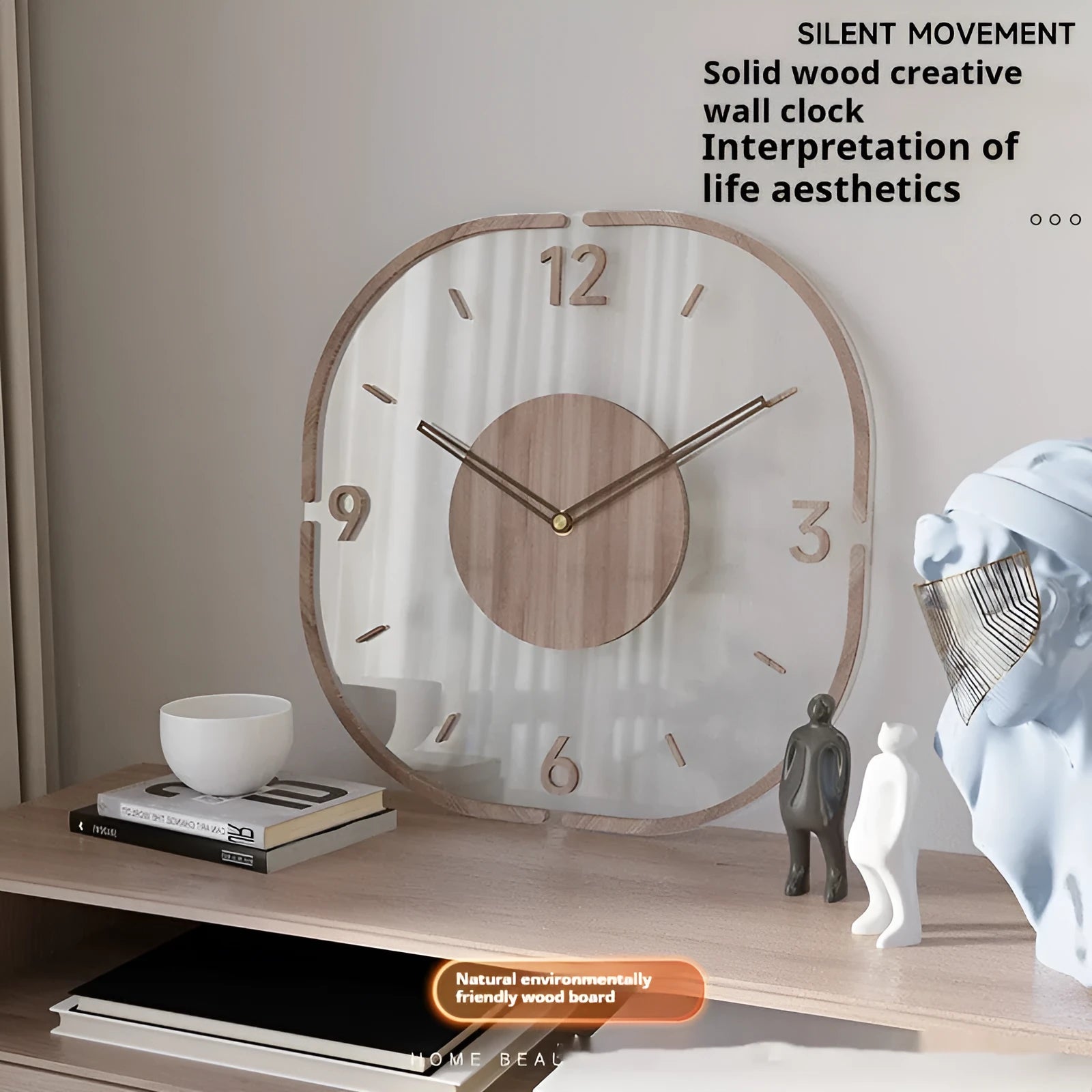 Modern transparent wooden wall clock showing both framed and frameless 35x35cm square designs