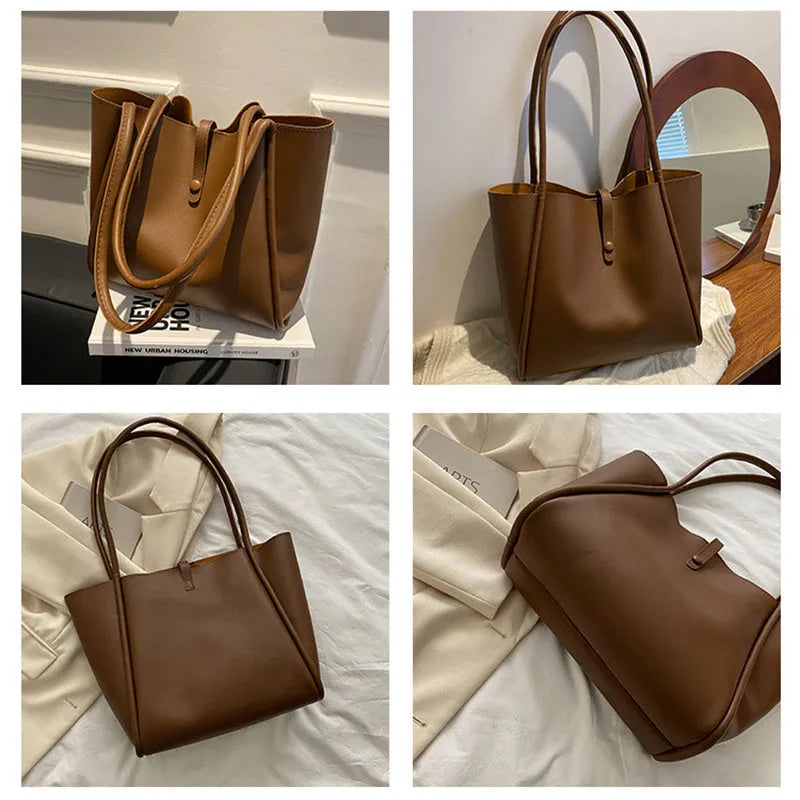Casual large capacity PU tote bag for women in khaki with included wallet