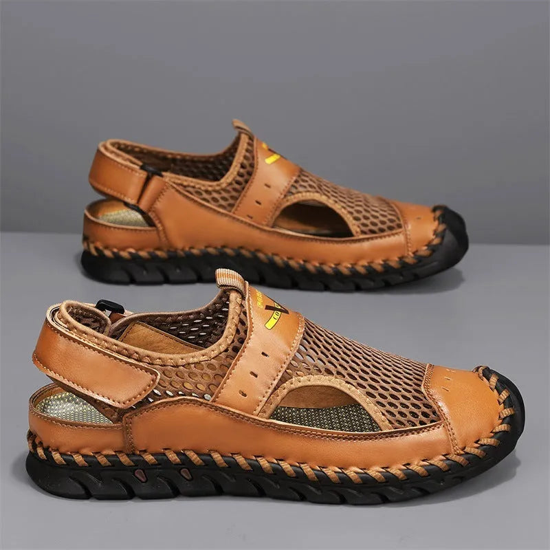 Men's brown genuine leather elastic band slip-on loafers with round toe and rubber sole