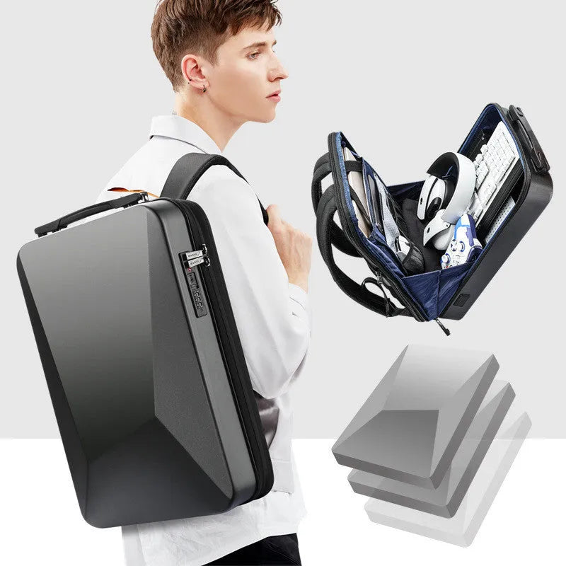 Men's hard-shell black PC gaming backpack with organised internal pockets and double shoulder straps.