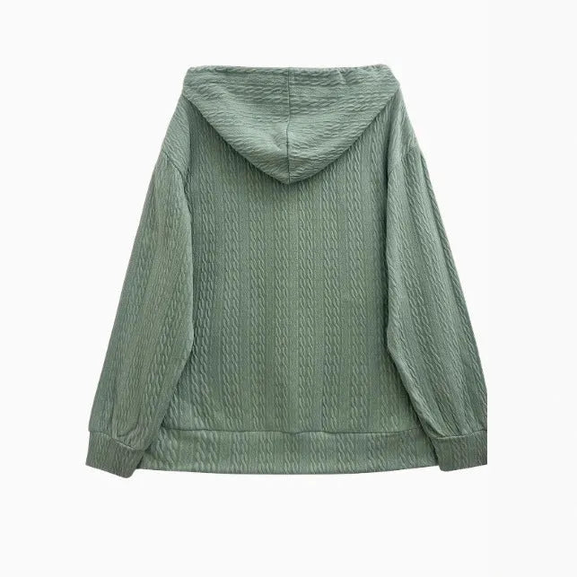 Green women's hooded sweatshirt coat with a full front zipper in a loose casual style.