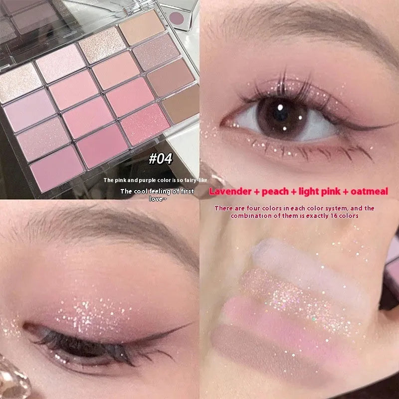 Eyeshadow palette showing 16 colours including shimmer and matte finishes, with shades like life fuzzy and cocoa fuzzy.