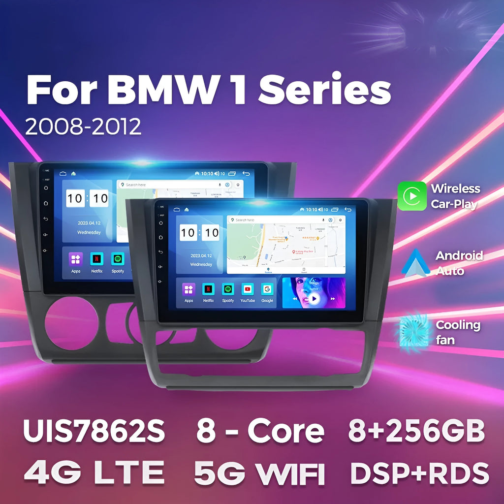 9-inch Android car navigation touchscreen unit for BMW E87 vehicle dashboard.