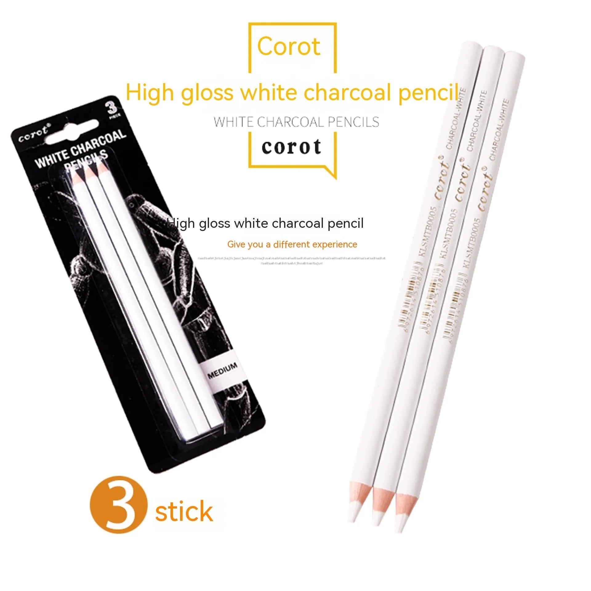 Set of three white charcoal pencils with wooden barrels for drawing on dark paper.