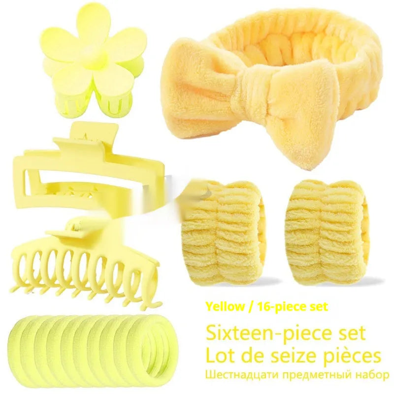 16-piece bow washing face hair band set with wrist strap, plaid pattern, multiple colours