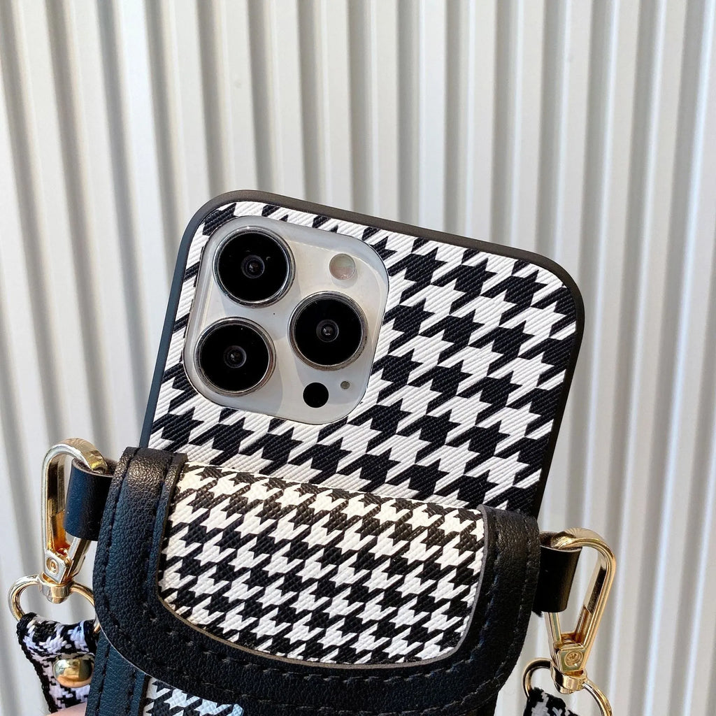 Houndstooth pattern TPU PC phone case with card lanyard for iPhone models