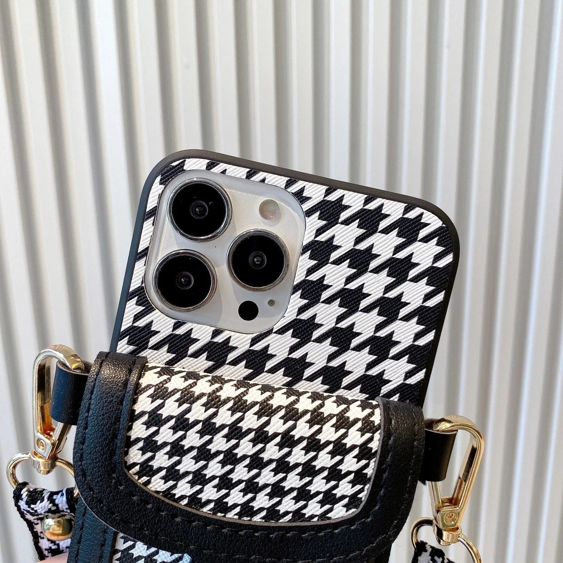 Houndstooth pattern TPU PC phone case with card lanyard for iPhone models