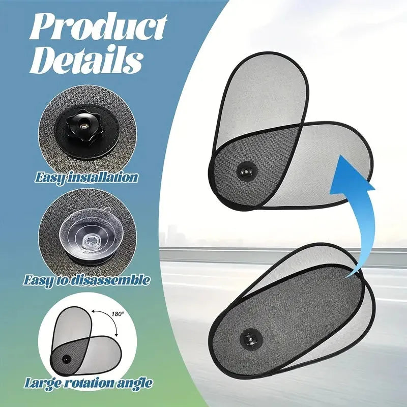 Black stretchy car side window shade with suction cups installed on a car window.