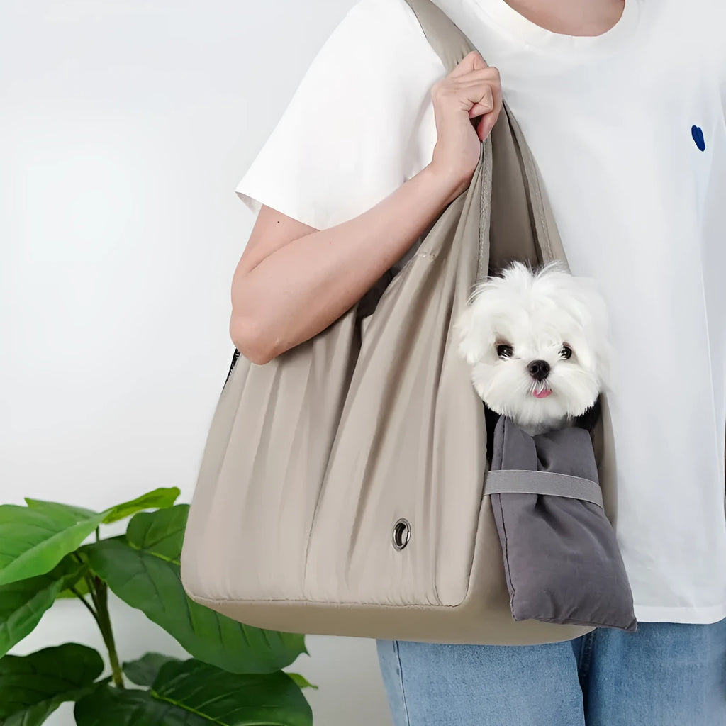 Apricot coloured cloth pet carrier handbag with shoulder strap for dogs and cats