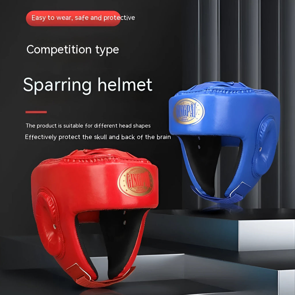 Red fully enclosed boxing helmet with jaw protection and vertical ventilation channels