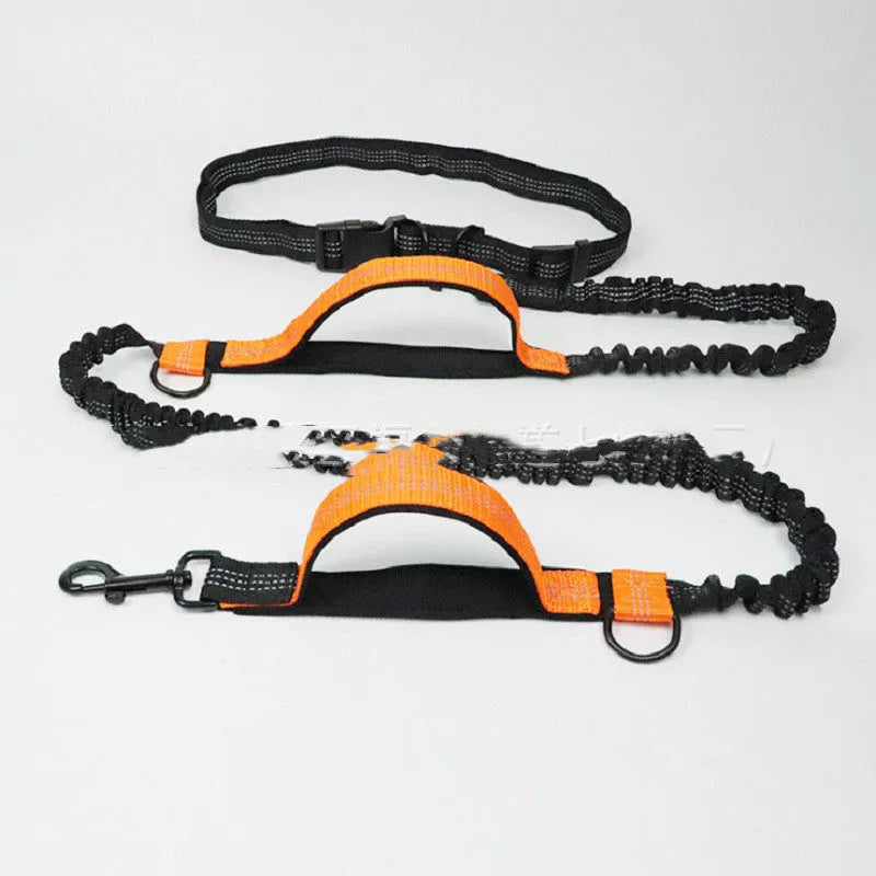 Adjustable polyester dog running belt with bungee lead in fluorescent green, shown attached to a waist.