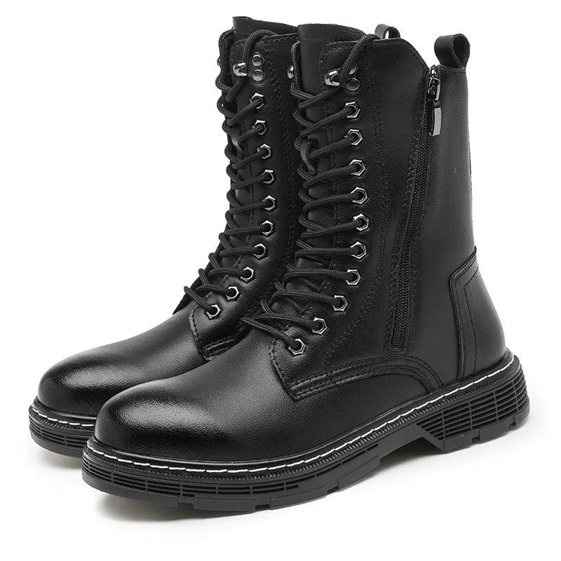 Men's black genuine leather high-top Martin boots with cotton lining and front lace-up, size 38-48