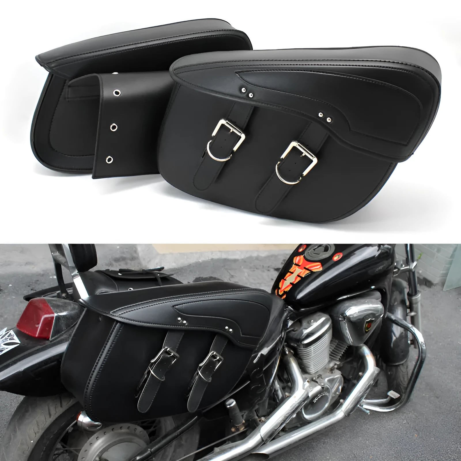 Retro style motorcycle saddle bag in PU leather with side mounting hardware in black or brown