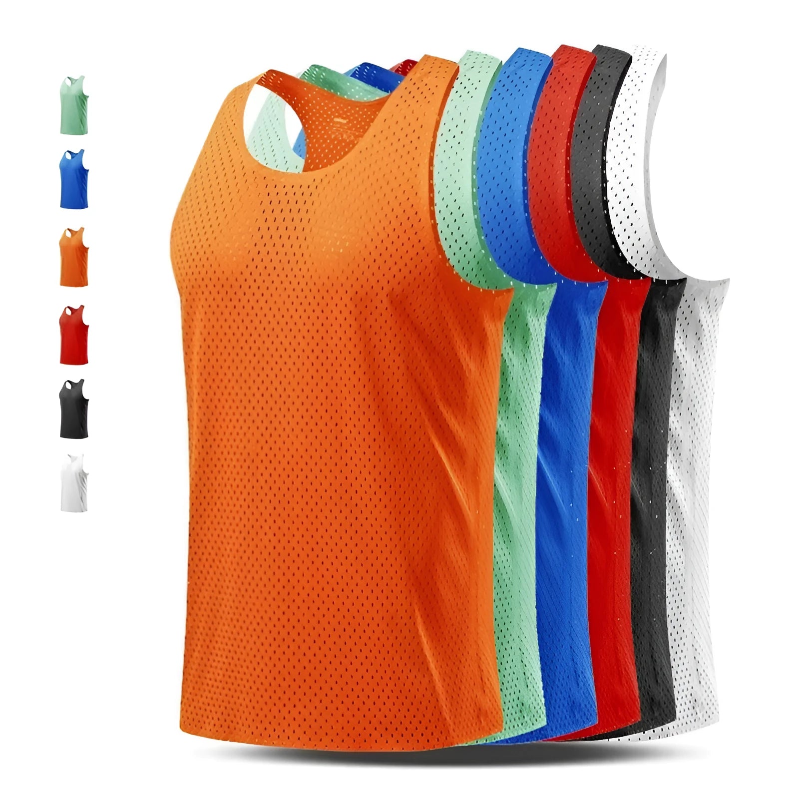 Men's solid colour polyester sleeveless sports vest on a hanger