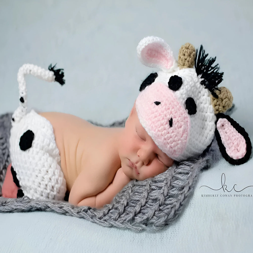 Hand-knitted white newborn cow suit with matching hat and pants for 0-3 month infants