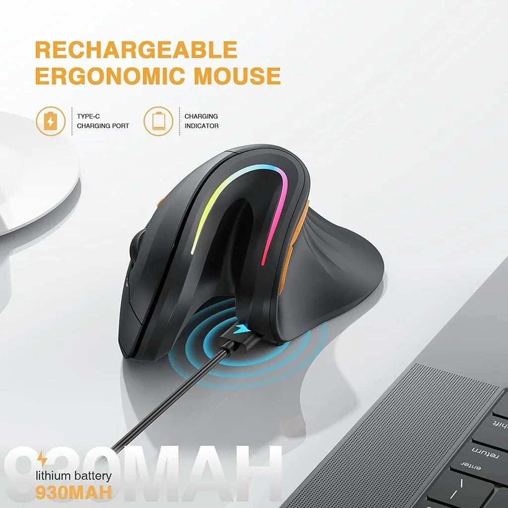 Black vertical Bluetooth mouse with RGB lighting, USB receiver, and charging cable on desk