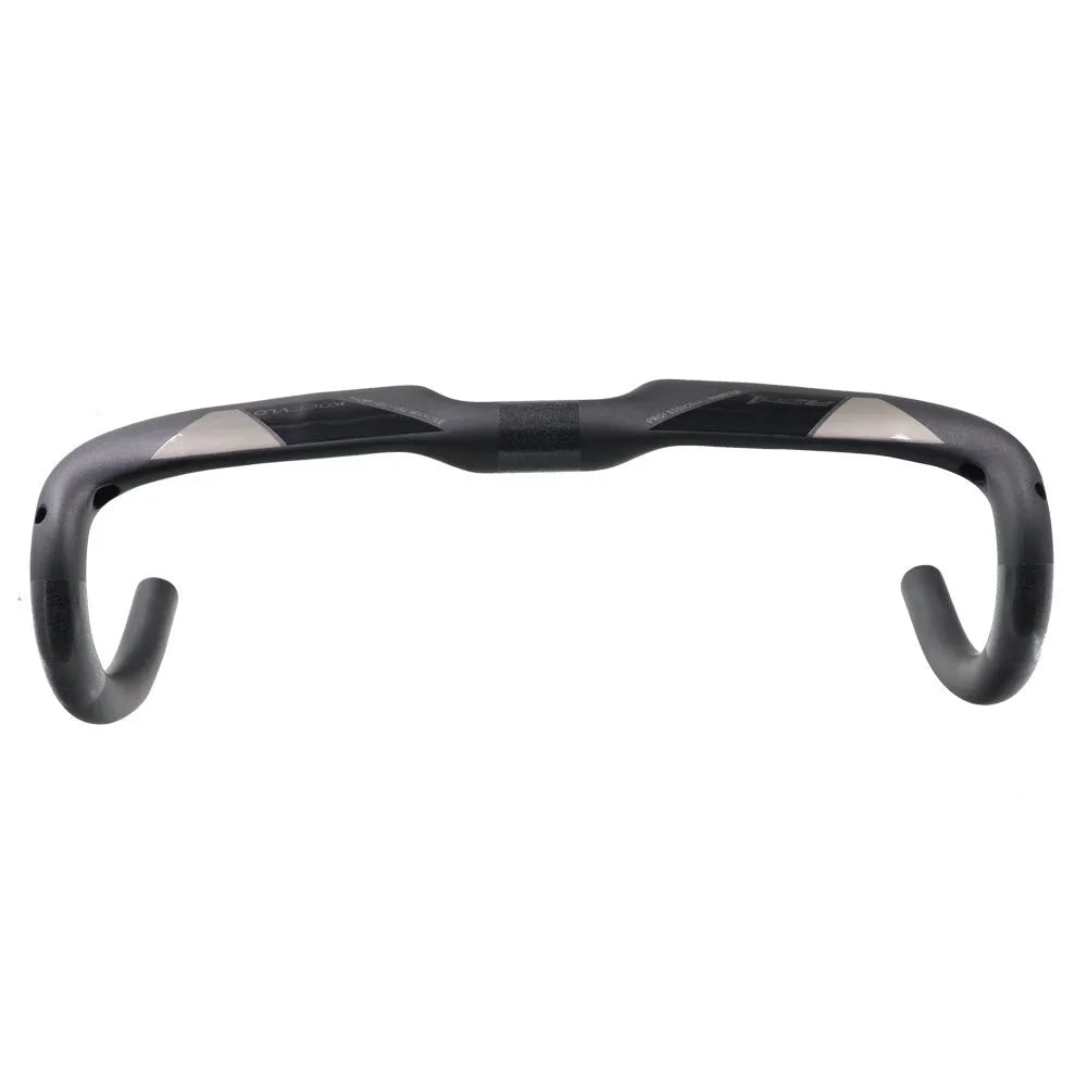 Wei Bike matt carbon fibre road bicycle drop handlebar shown from the side.
