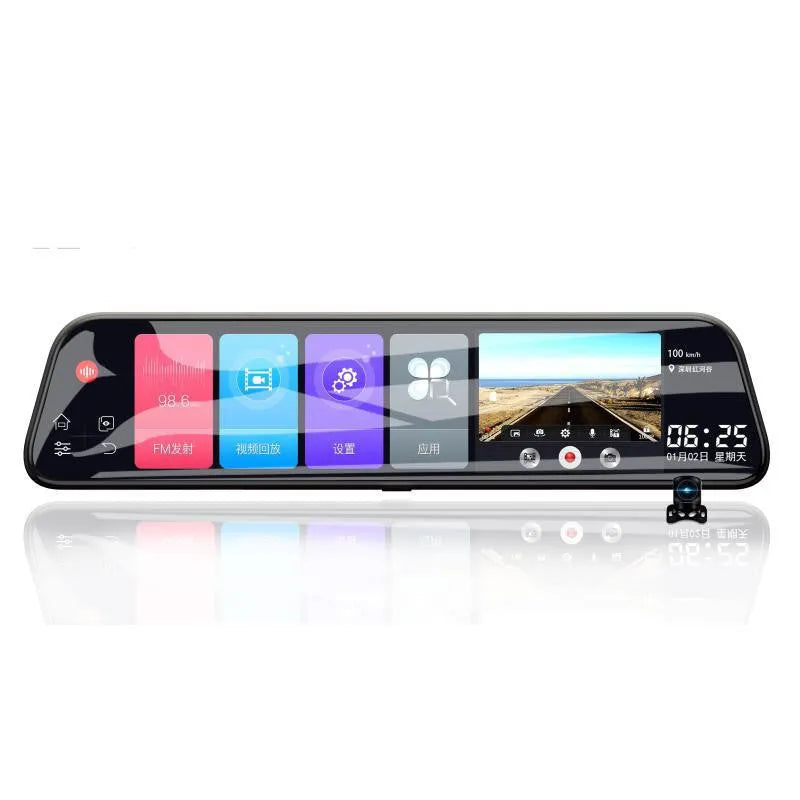 12-inch rearview mirror car tachograph with touchscreen display and dual cameras for front and rear recording