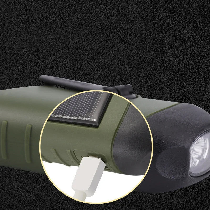 Outdoor hand-cranked solar USB charging emergency LED flashlight in olive green with 12x45x32mm dimensions