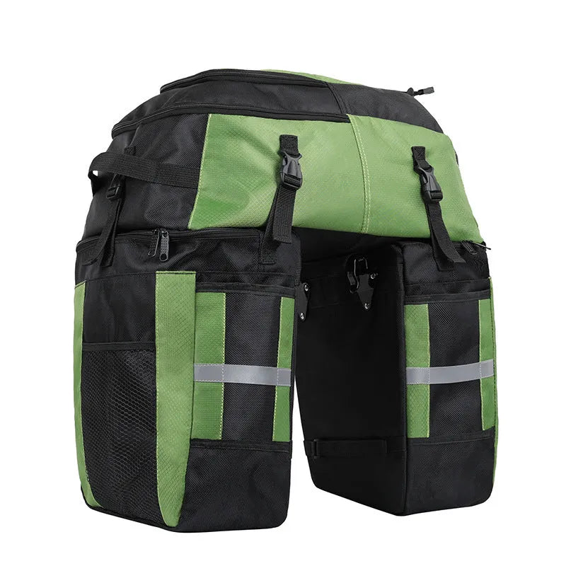70 litre capacity blue polyester bicycle rear storage frame bag for long-distance touring.