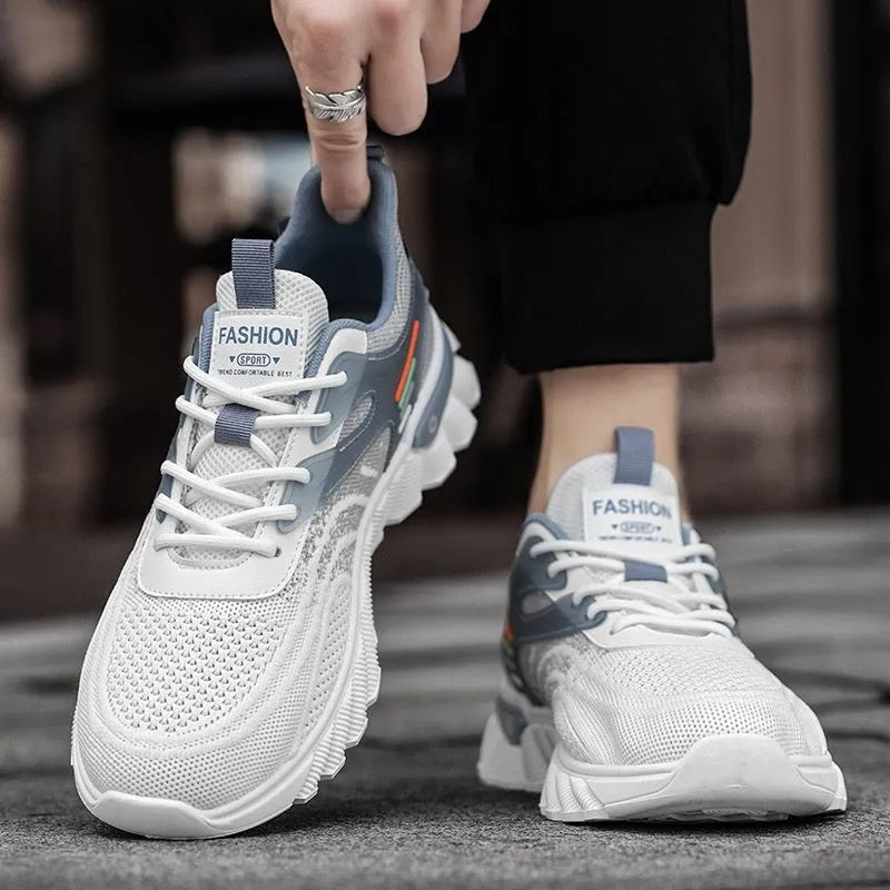 Men's white blue platform casual sports shoes with cross shoulder straps and mesh upper