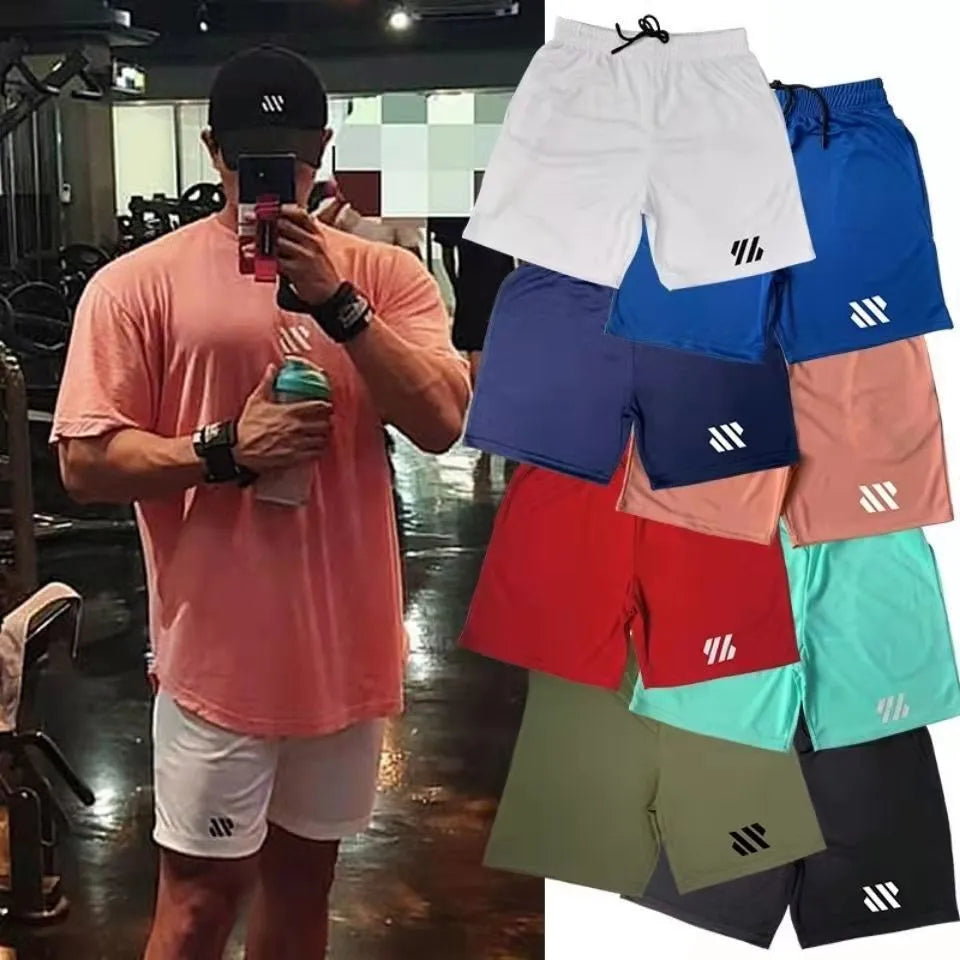 Metal silk fabric loose-fitting sports shorts in multiple colours on a size chart.