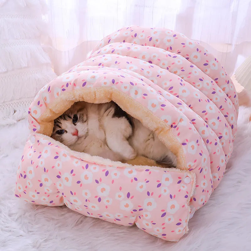Closed winter cat nest with removable cloth cover in floral pattern