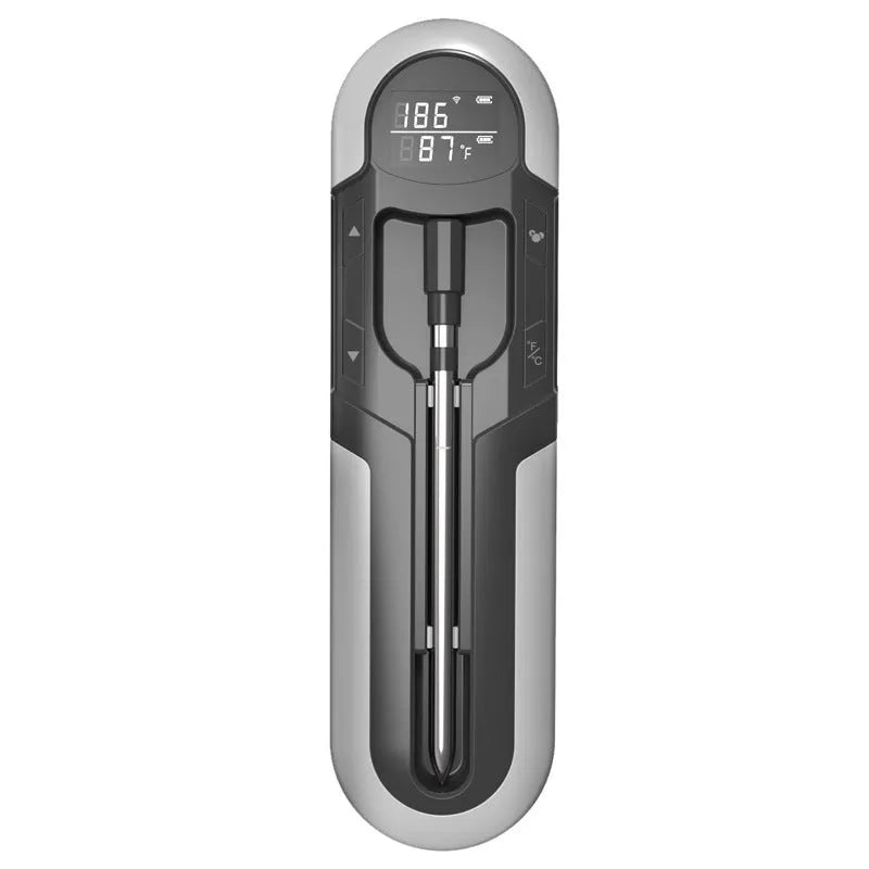 Portable Bluetooth barbecue thermometer in grey with magnet design and app interface showing meat temperature