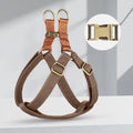 Brown vest style dog leash with nylon harness and cotton handle shown on medium sized dog