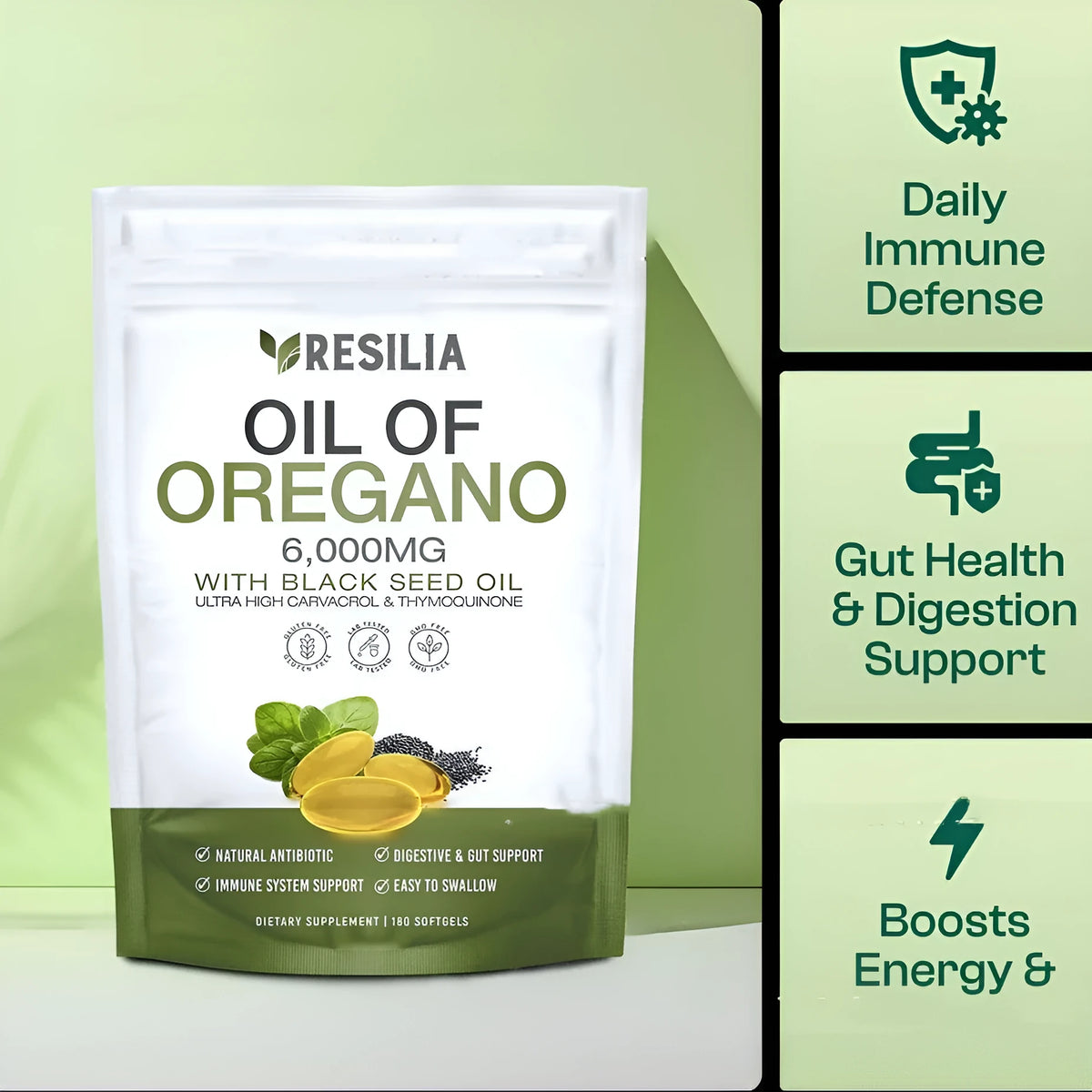 Black seed oil olive oil capsules in softgel form, available in 60 or 180 piece packs