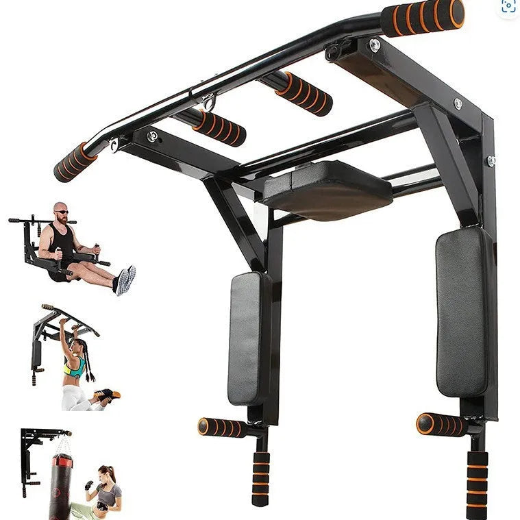 Black wall-mounted fitness equipment with a sandbag rack and single parallel pull-up bars.