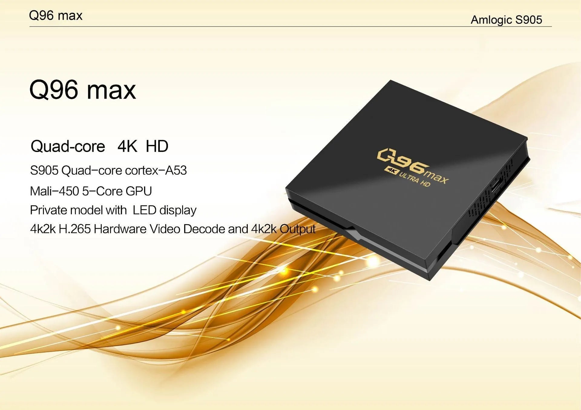 Q96 MAX S905 Android 4K TV set-top box with remote control and HDMI cable on a dark surface.