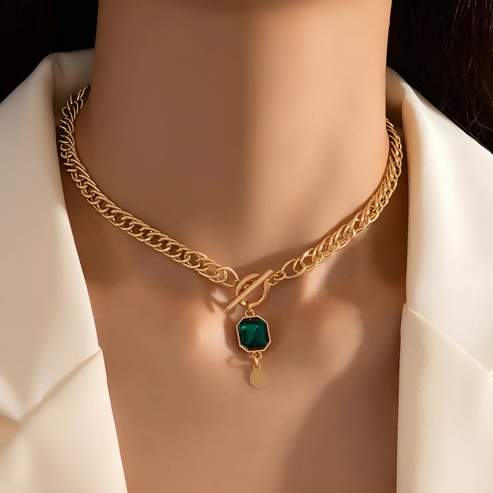 Women's French retro emerald zircon pendant necklace with gold electroplated titanium steel Cuban chain