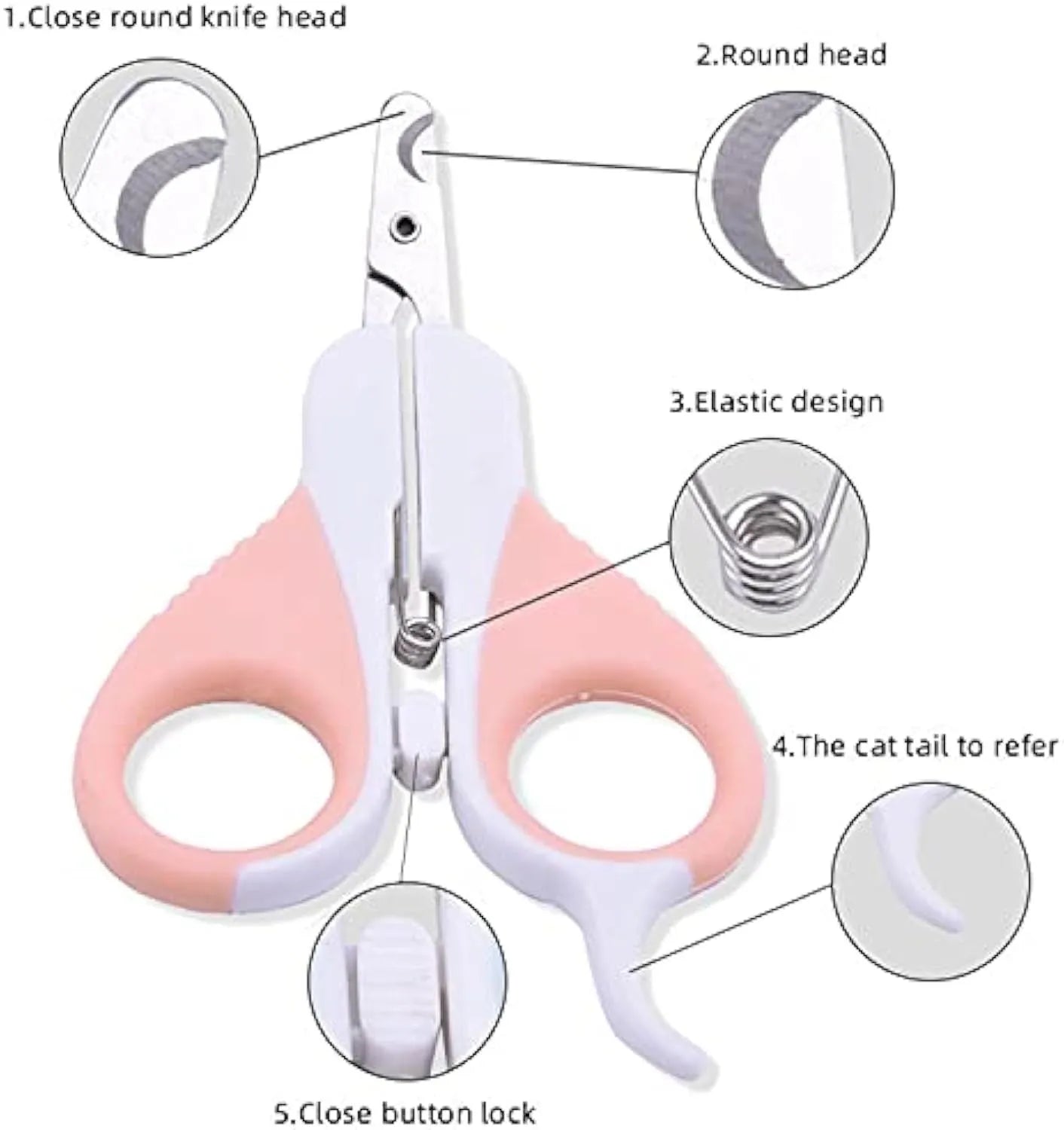 Grey and pink cat nail clippers with angled blade and safety guard for small pets