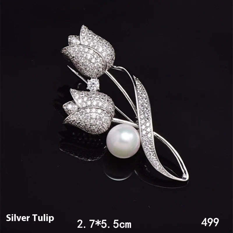 Women's flower-shaped brooch in 181 silver tulip colour with micro-inlaid zircon detailing