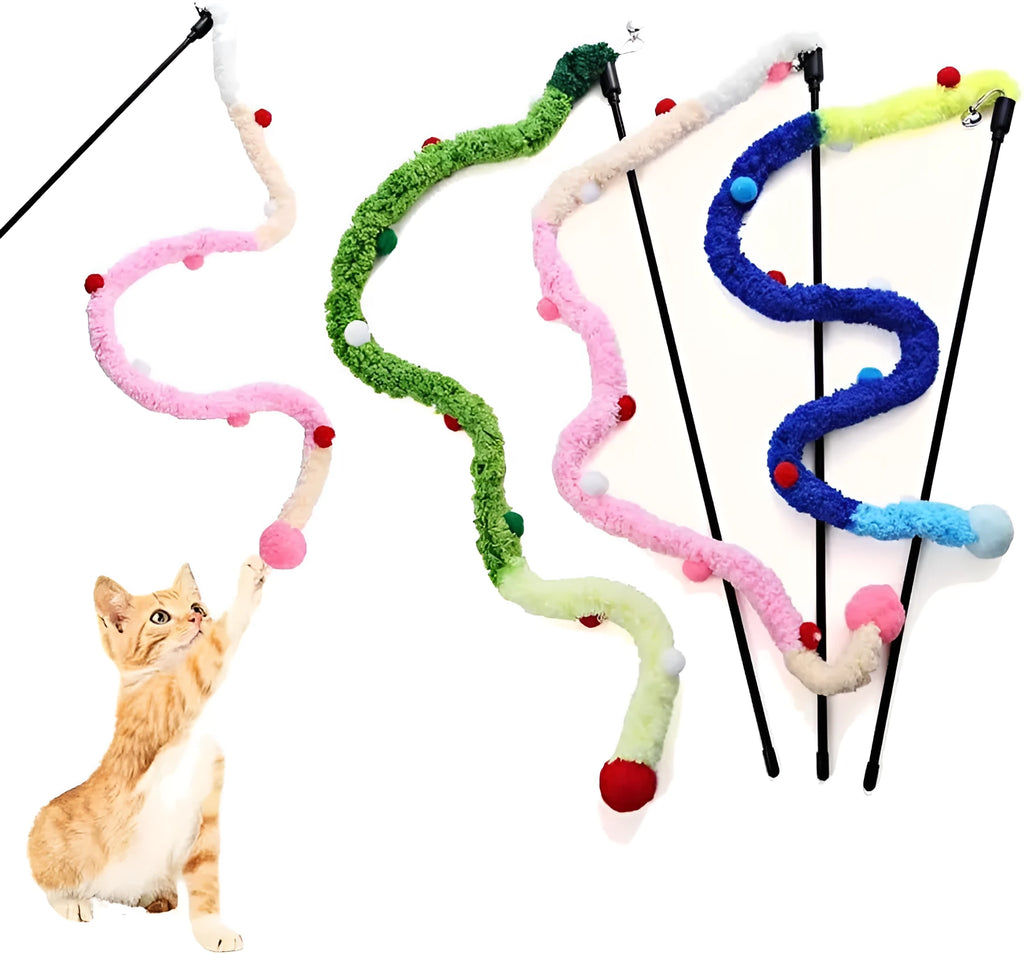 Cat teaser wand with long plush strip and colourful elements for interactive play