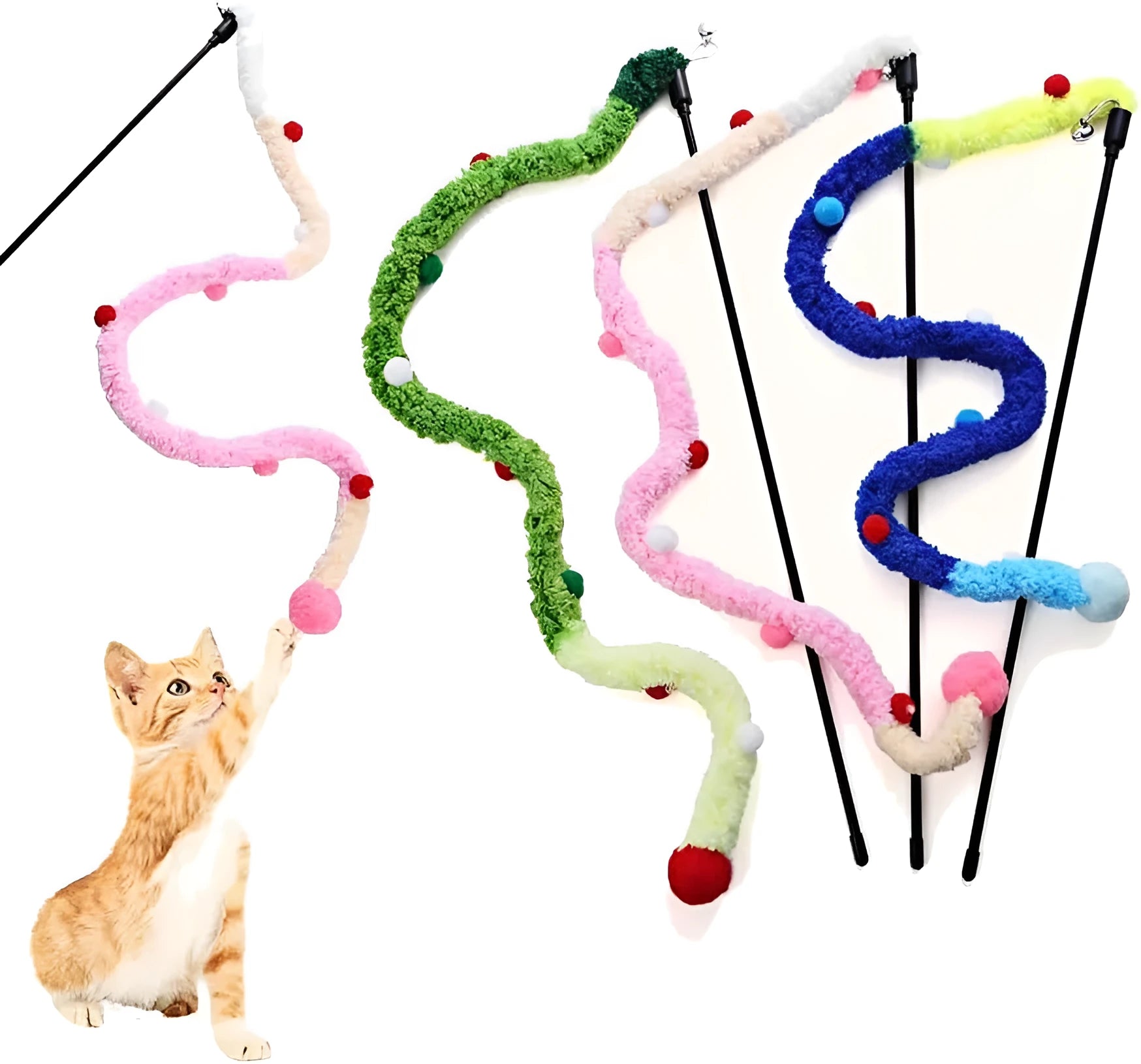Cat teaser wand with long plush strip and colourful elements for interactive play