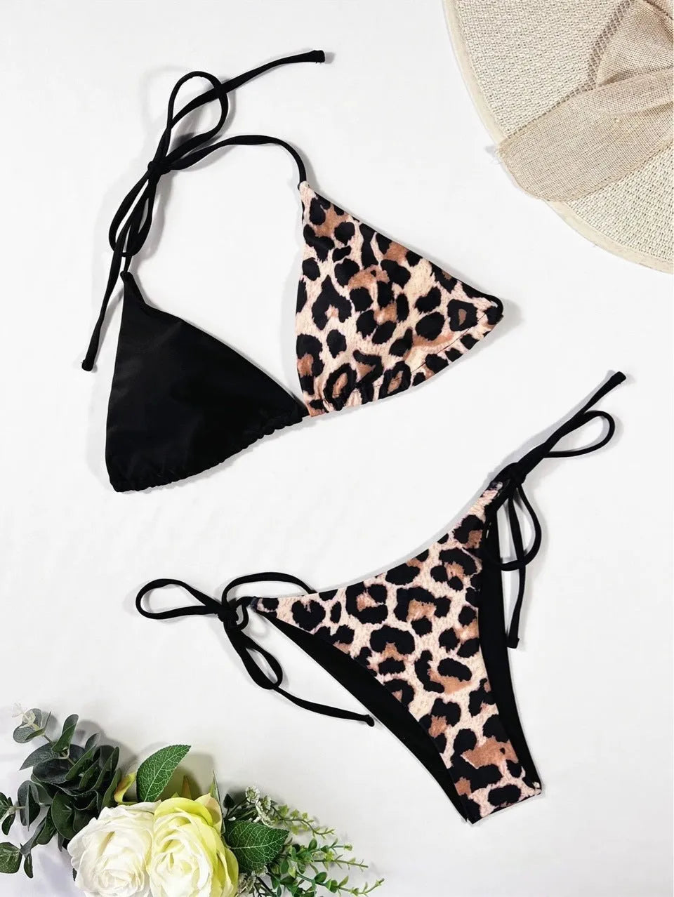 Women's red leopard print halter bikini with lace-up front and adjustable side ties