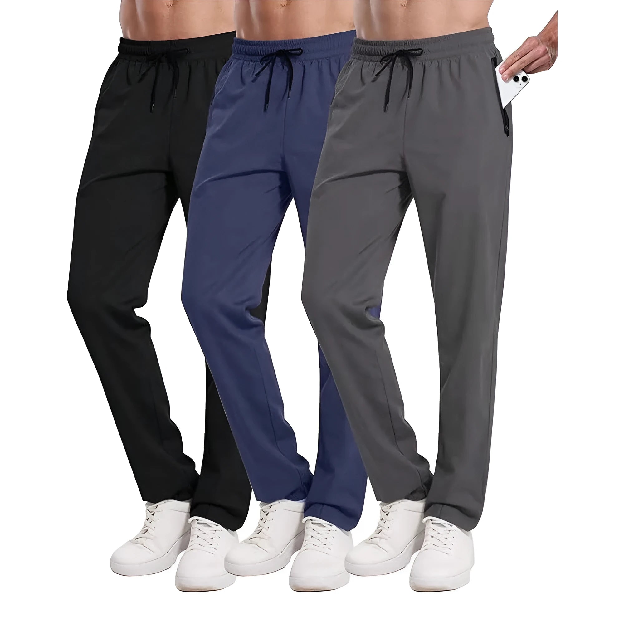 Men's loose lace-up elastic waist casual pants in polyester, available in multiple colours including black and blue