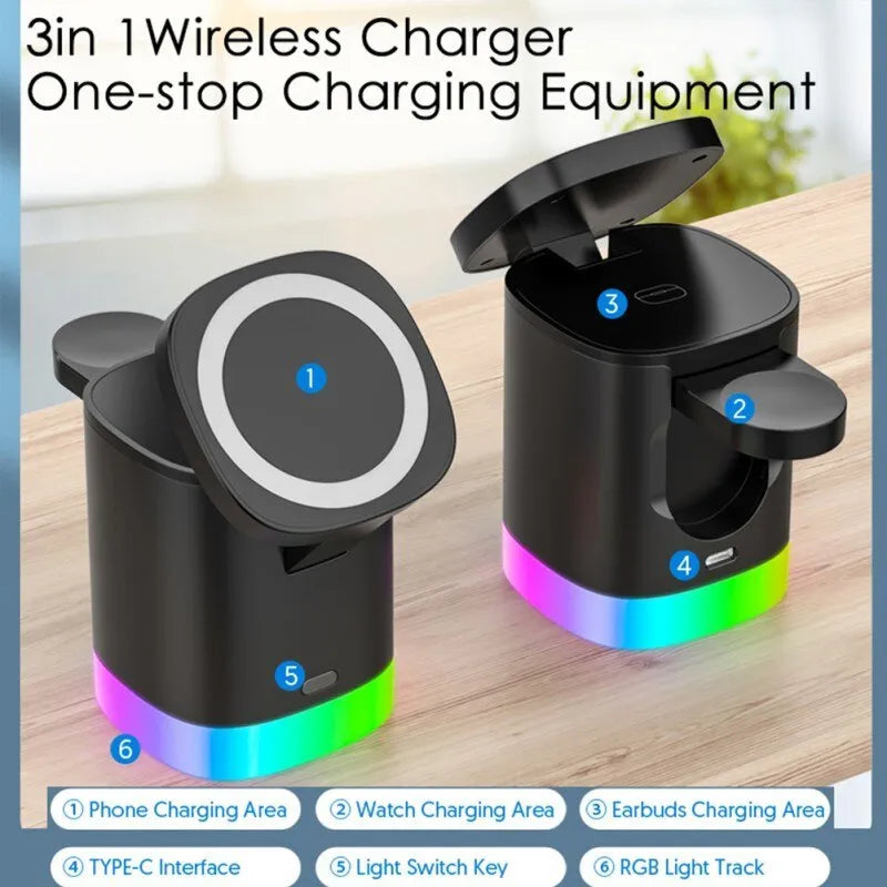Black foldable 3-in-1 magnetic wireless charging station cube for iPhone, Apple Watch and AirPods