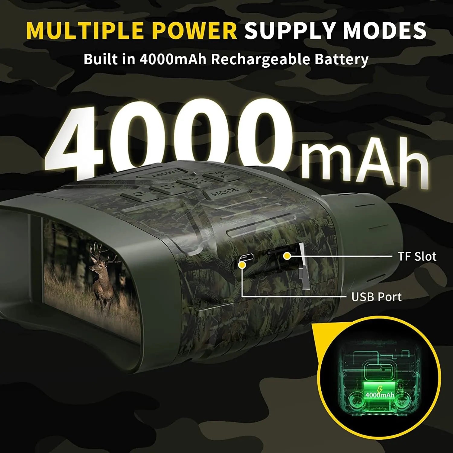 Black night vision instrument with display screen showing night-time imagery and control buttons
