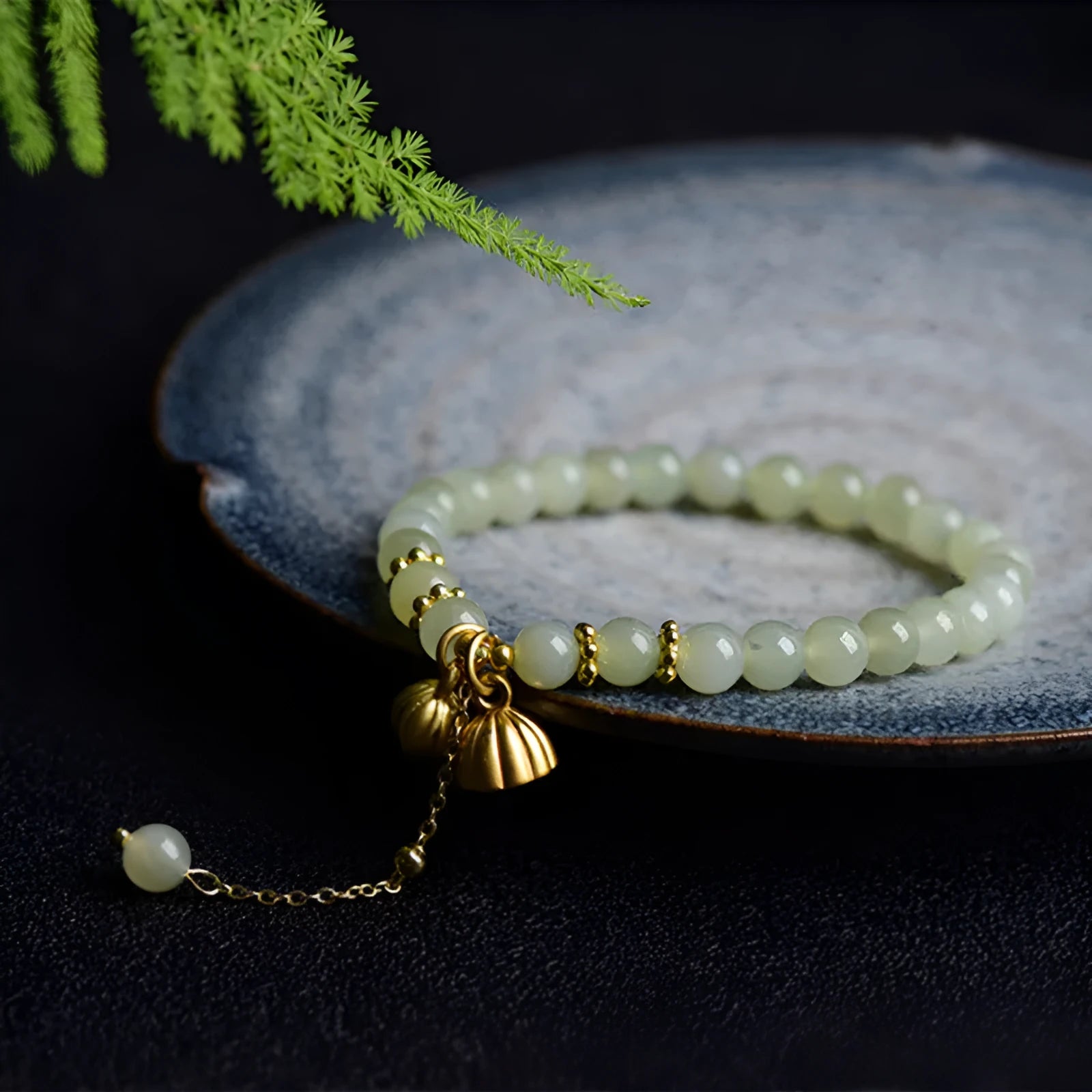 Shihuan natural Hetian jade bracelet with 6mm beads and a central fu character.