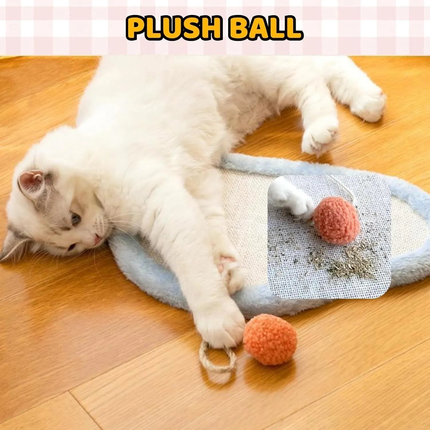 White cat scratching mat with sleeping cat pattern hanging on wall